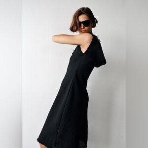 ZARA FRAYED TRIM WOVEN COTTON SLEEVELESS MIDI DRESS ZW COLLECTION Black M